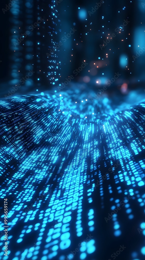 Digital background featuring blue glowing binary code, representing data technology and cybersecurity in a black space Digital background featuring blue glowing binary code, representing data technology and cybersecurity in a black space