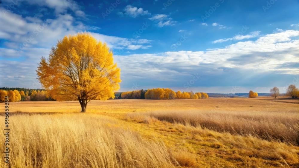 Fototapeta premium Autumn plain landscape with yellow leaves, low sky, and withered grass , fall, low sky, clouds, trees