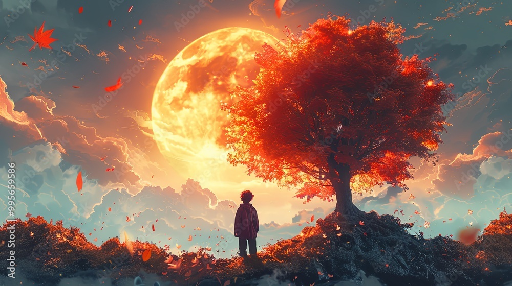 young boy looking at the giant autumn tree at the horizon, digital art style, illustration painting young boy looking at the giant autumn tree at the horizon, digital art style, illustration painting
