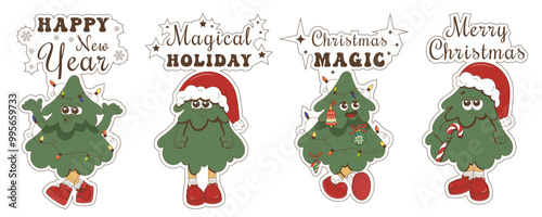 A set of fun Christmas stickers with trendy characters and phrases. Christmas tree with lights, New Year's hat. Vector Christmas tree in a clockwork style.