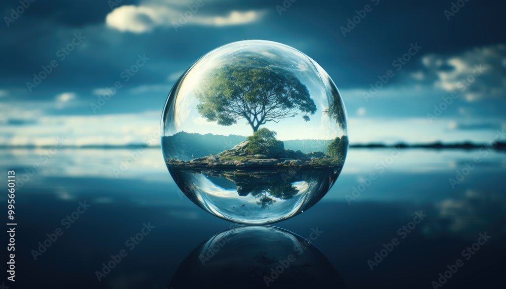 Glass ball with tree inside of it floating in body of water Glass ball with tree inside of it floating in body of water