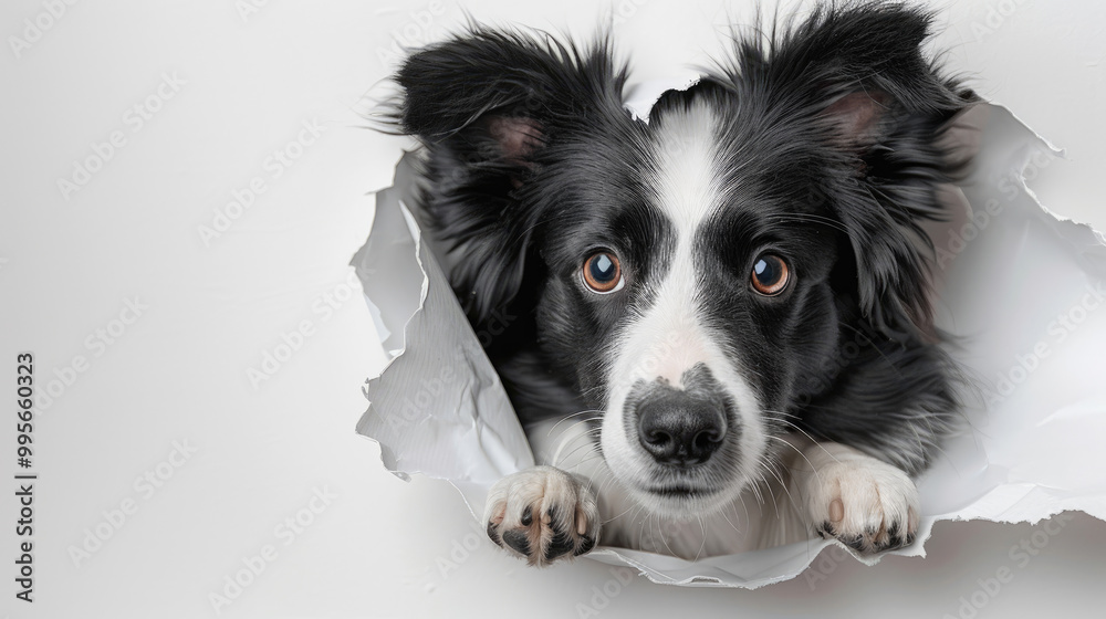 Adorable Border Collie Puppy Peeking Through Torn White Paper on Plain Background Adorable Border Collie Puppy Peeking Through Torn White Paper on Plain Background
