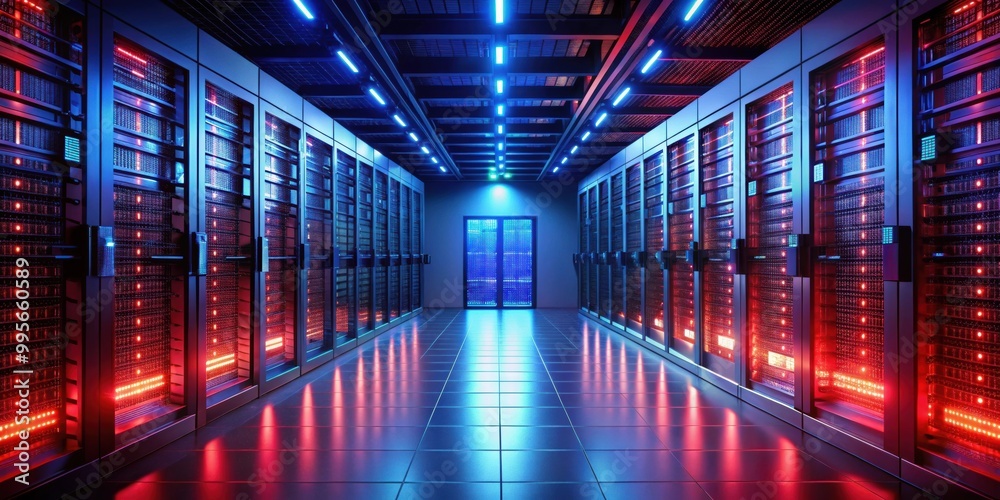 Fototapeta premium Server room with rows of servers illuminated by red and blue lights