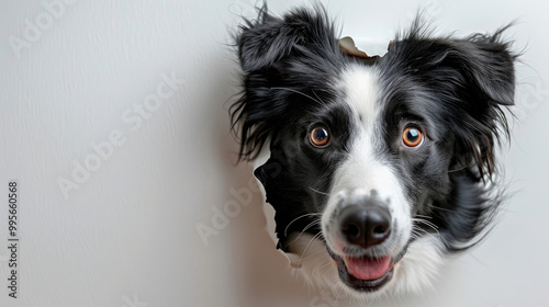 Adorable Border Collie Puppy Peeking Through Torn White Paper on Plain Background