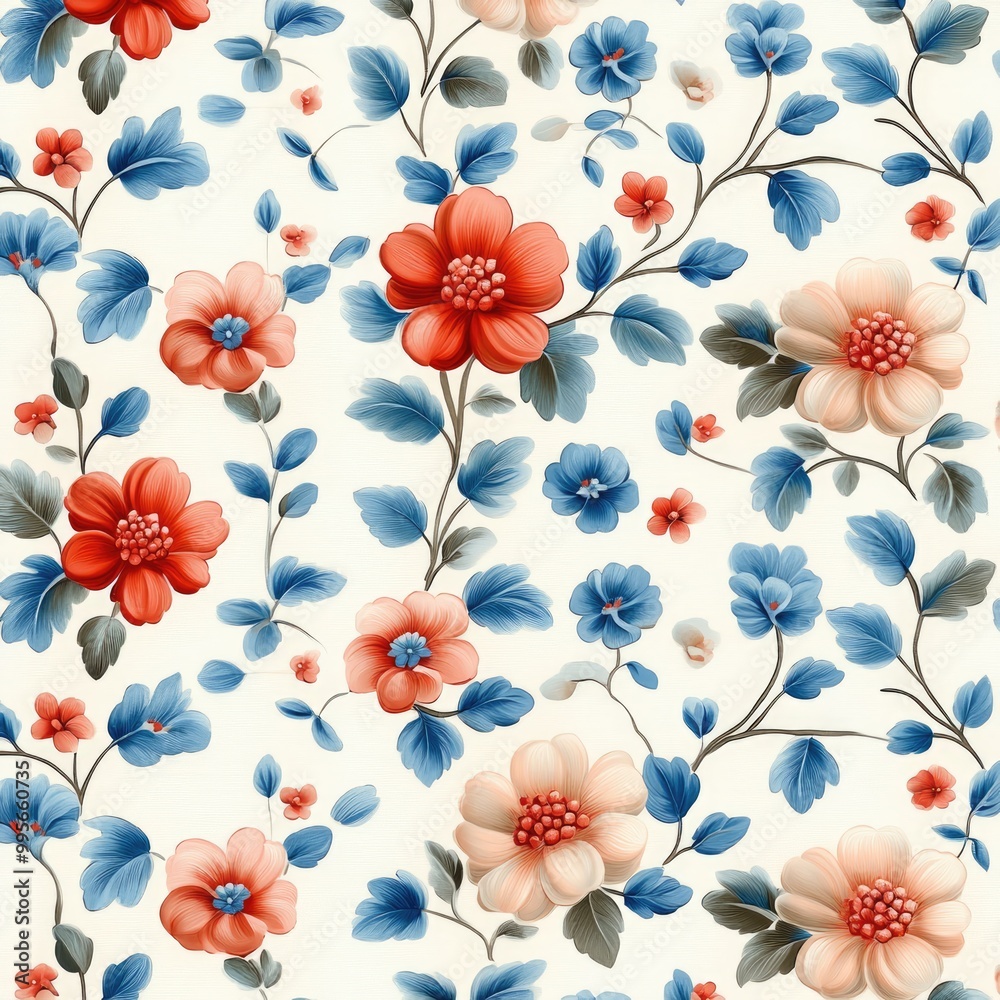 A vibrant floral pattern featuring red, pink, and blue flowers intertwined with green leaves on a light background. A vibrant floral pattern featuring red, pink, and blue flowers intertwined with green leaves on a light background.