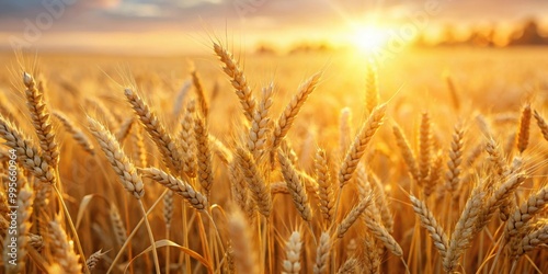 Field of ripe wheat bathed in golden sunlight at sunrise, representing agro company concept, wheat, harvest, field, agriculture