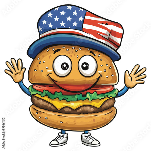 Cartoon character of a hamburger wearing an American hat, waving and smiling