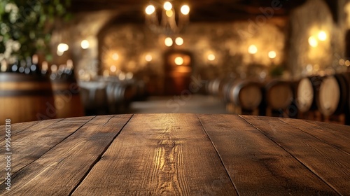 A rustic wooden table in a cozy cellar with wine barrels, creating an inviting atmosphere for gatherings and tastings, empty mockup for product presentation