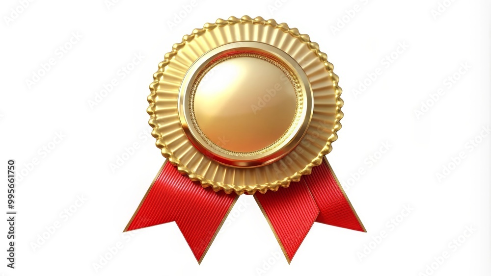 Golden award badge with a red ribbon is shining on a white background Golden award badge with a red ribbon is shining on a white background