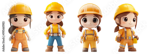Cute cartoon construction workers with hard hats and orange overalls transparent background