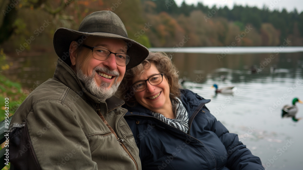 Happy middle-aged couple sitting on a park bench, smiling and enjoying the serene lake view with ducks swimming, symbolizing life satisfaction and contentment. Happy middle-aged couple sitting on a park bench, smiling and enjoying the serene lake view with ducks swimming, symbolizing life satisfaction and contentment.