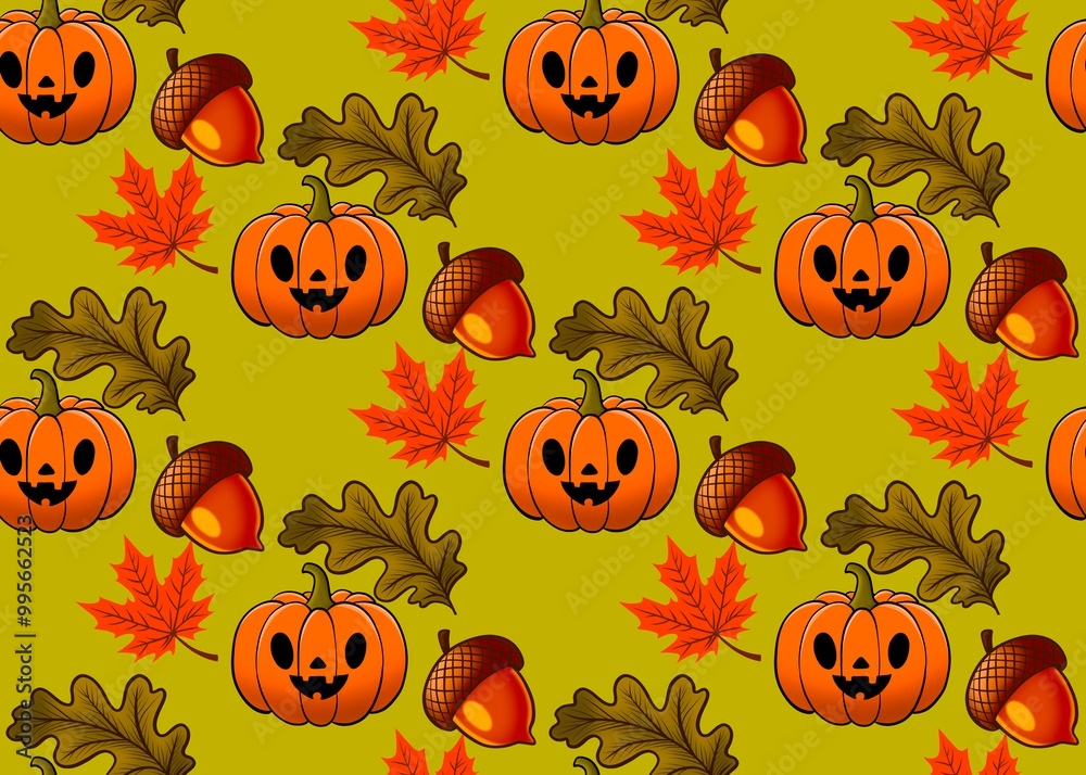 Halloween seamless background. Autumn pattern with dry leaves, acorn and pumpkin. Autumn art. Halloween seamless background. Autumn pattern with dry leaves, acorn and pumpkin. Autumn art.
