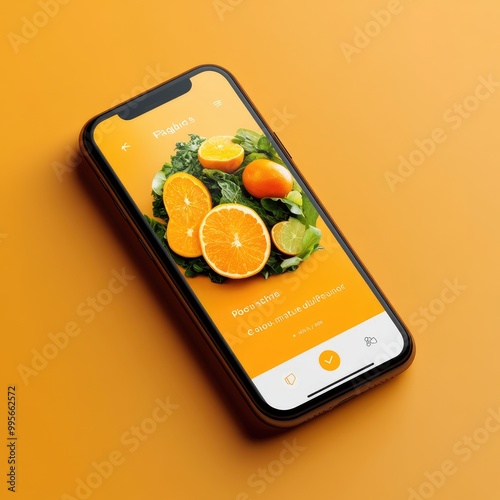 A vibrant smartphone displays a fruit recipe, featuring colorful oranges and greens, set against a warm orange backdrop. photo