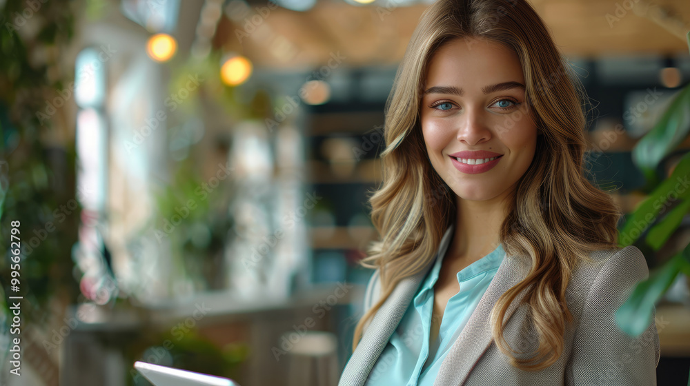 Obraz premium Smiling Business Woman with Long Hair Holding Tablet and looking front in Modern Office Setting