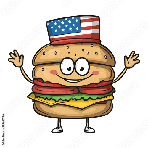 Cartoon character of a hamburger wearing an American hat, waving and smiling