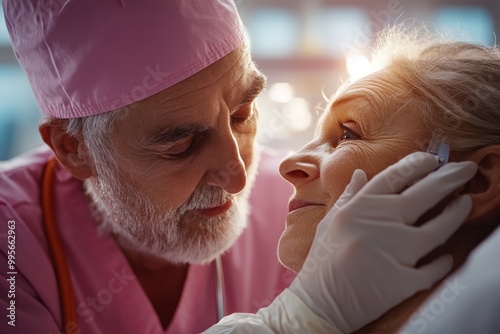 A close-up shot of a doctor in pink scrubs attending to a patient, emphasizing healthcare, professional care, and the compassion involved in medical treatments. photo