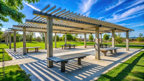 Park area with a concrete pergola and picnic tables under a blue sky, park, concrete, pergola, picnic tables, blue sky