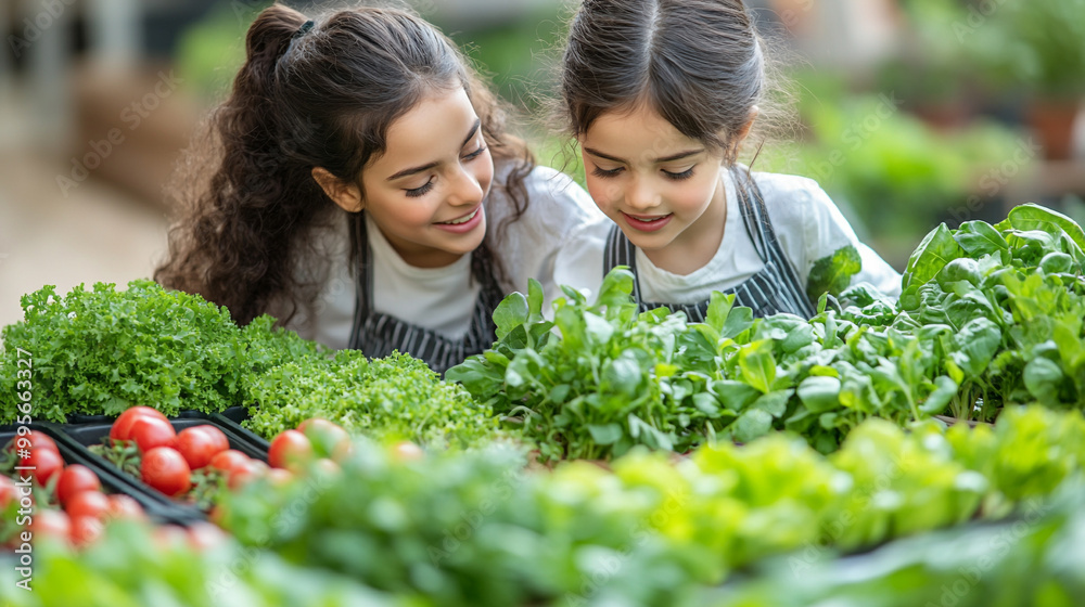 Two girls explore fresh vegetables in a garden, sharing smiles and cultivating a love for healthy living and nature.