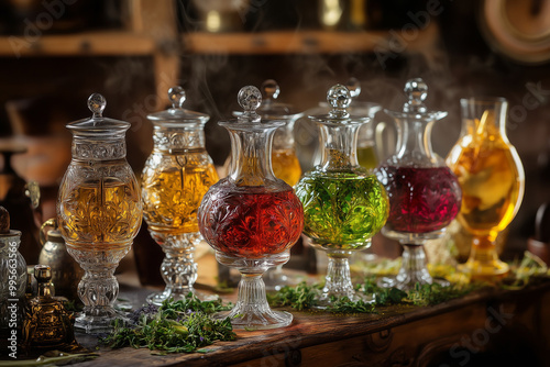Wallpaper Mural Stylish presentation of herbal liqueurs in ornate glassware..A row of glass bottles with various colored liquids on a table Torontodigital.ca