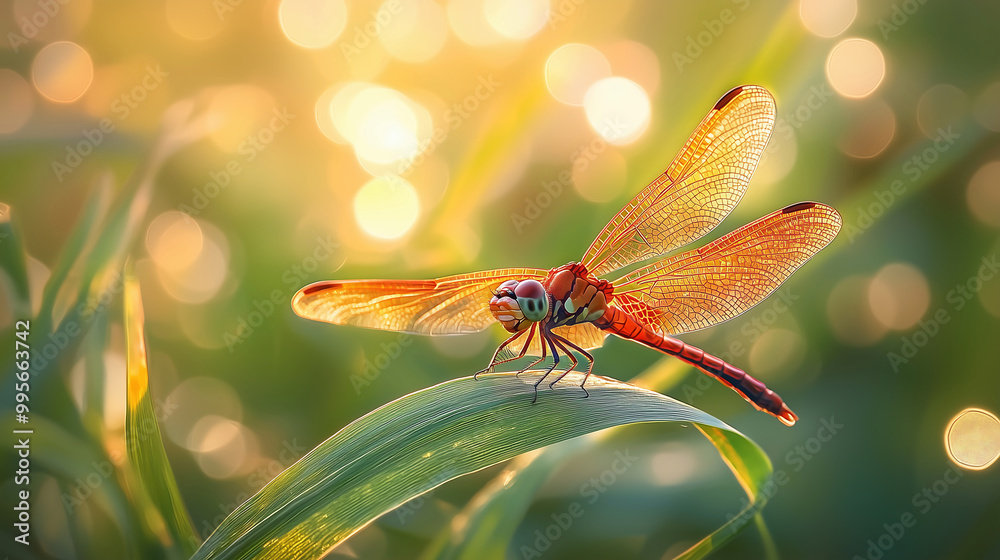 Close-Up of a Dragonfly Resting on a Leaf in Sunlight Close-Up of a Dragonfly Resting on a Leaf in Sunlight