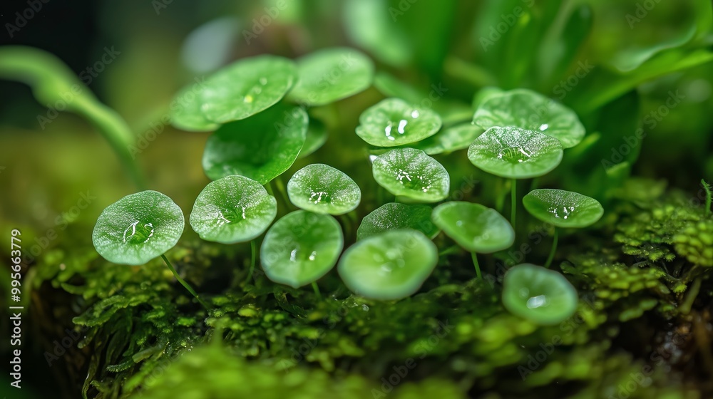 Lush green leaves thriving on a mossy surface in a tranquil natural setting during daylight hours Lush green leaves thriving on a mossy surface in a tranquil natural setting during daylight hours