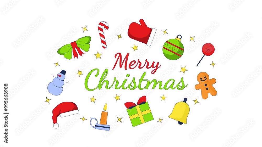 Congratulations Merry Christmas 2D animation. Xmas ornaments Yuletide adornments 4K video motion graphic. Gift, candle, Santa hat, candies animated postcard cartoon flat concept, white background