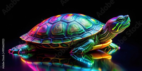 Neon turtle with colorful iridescent shell swimming in animation on black background, , animation, turtle, iridescent photo