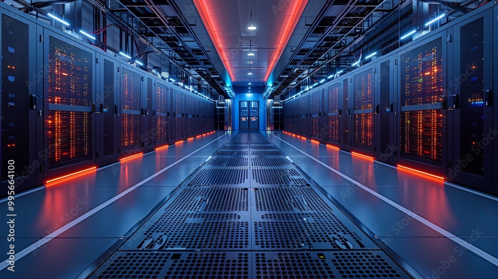 Fototapeta premium Working Data Center Full of Rack Servers and Supercomputers, Modern Telecommunications, Artificial Intelligence, Supercomputer Technology Concept.3d rendering,conceptual image