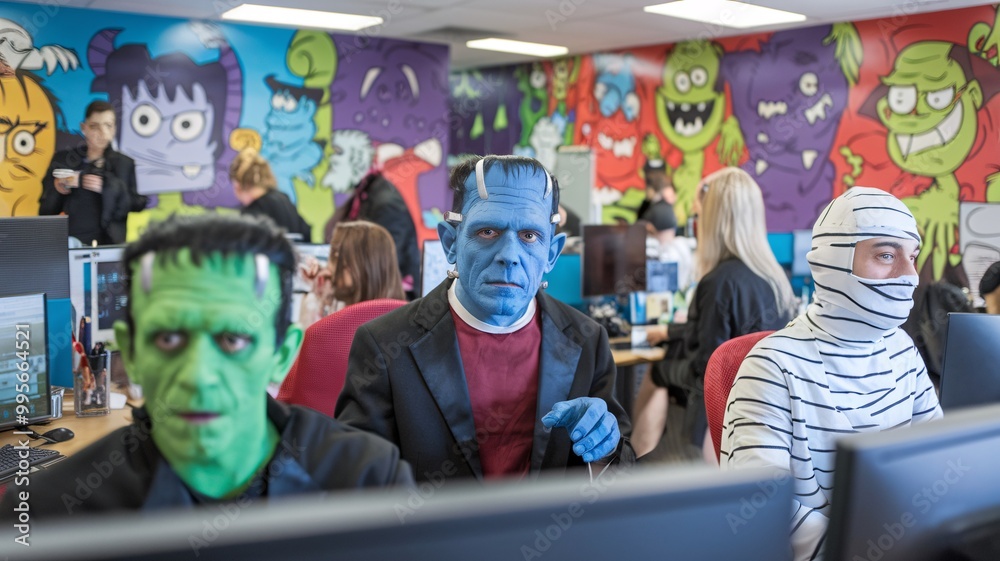 Halloween Office Scene. A group of coworkers dressed in Halloween costumes sit at their desks, surrounded by computer monitors and a wall featuring cartoon monster illustrations. 