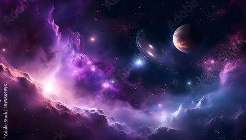 abstract cosmic landscape with distant galaxies, stars, and colorful nebulae in shades of purple and blue, deep space background for sci-fi themes