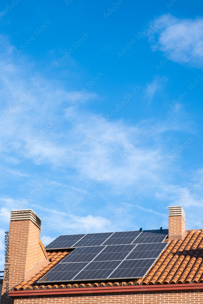 detail of the roof of a house with an installation of photovoltaic solar panels to harness the sun's energy. Concept of sustainable urbanism, nature and clean and inexhaustible renewable energy detail of the roof of a house with an installation of photovoltaic solar panels to harness the sun's energy. Concept of sustainable urbanism, nature and clean and inexhaustible renewable energy