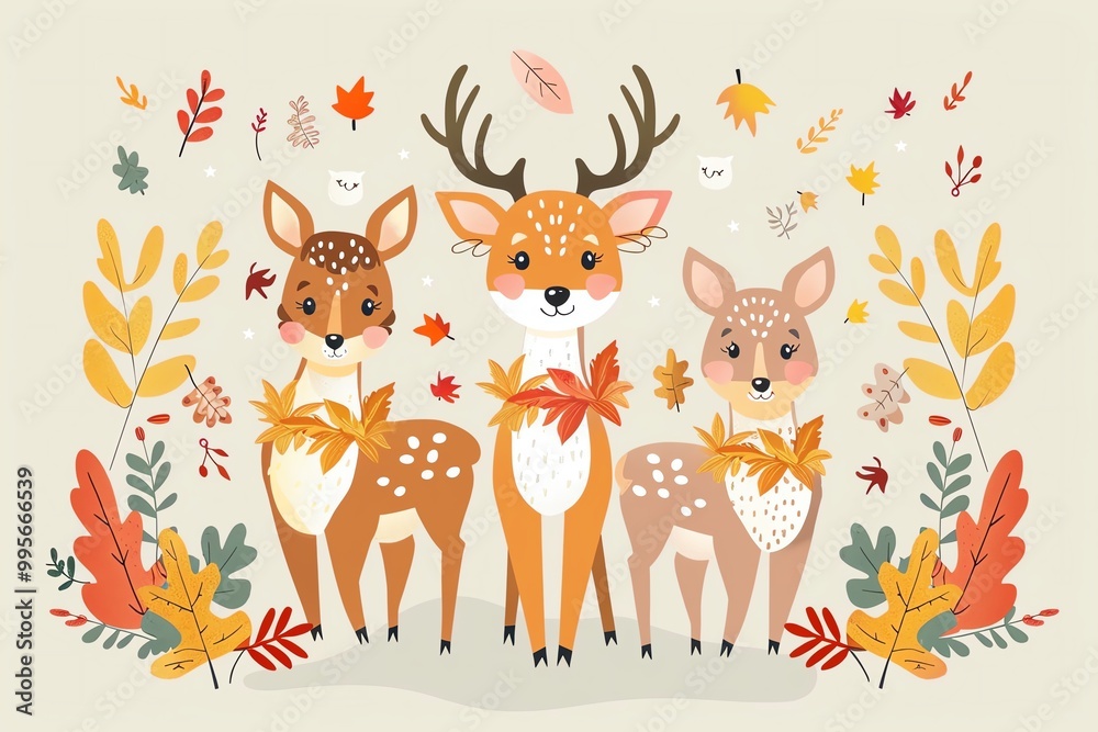 Fototapeta premium Cute animals in fall, deer with wreaths, flat design illustration