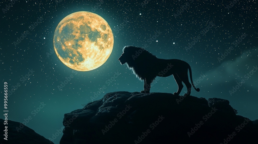 Obraz premium Majestic Lion Silhouette Against Full Moon