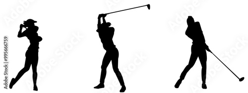 Golf Player Vector Illustration Set, Black and White Silhouettes. Various Golf Player poses.