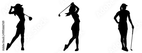 Set of silhouettes of a woman playing golf. Silhouette of female golfer in action pose.