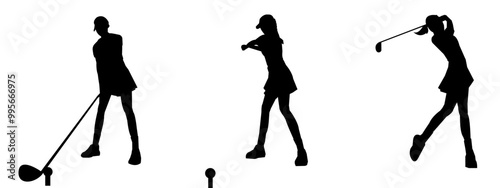 Vector set of female golf players silhouettes isolated in white background.