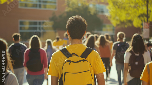 Young individual, viewed from the back, walking amidst a group of people. The person is wearing a yellow shirt and a backpack. The group consists of individuals of various ages, some wearing backpack