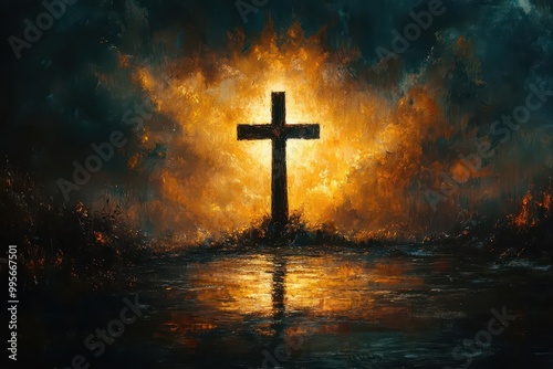 a poignant depiction of the cross of jesus radiating light and hope surrounded by ethereal elements that symbolize faith love and compassion inviting viewers into a reflective spiritual space