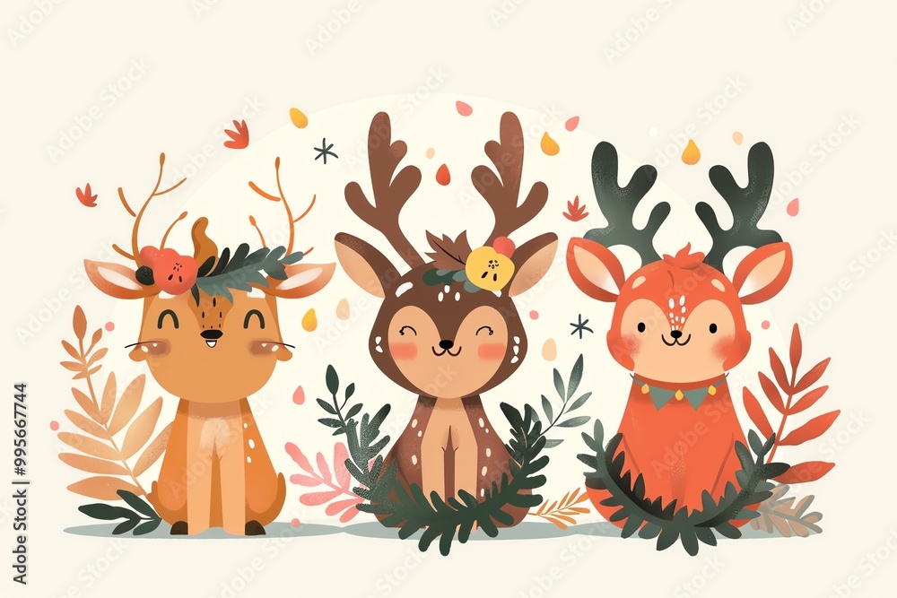 Cute animals in fall, deer with wreaths, flat design illustration Cute animals in fall, deer with wreaths, flat design illustration