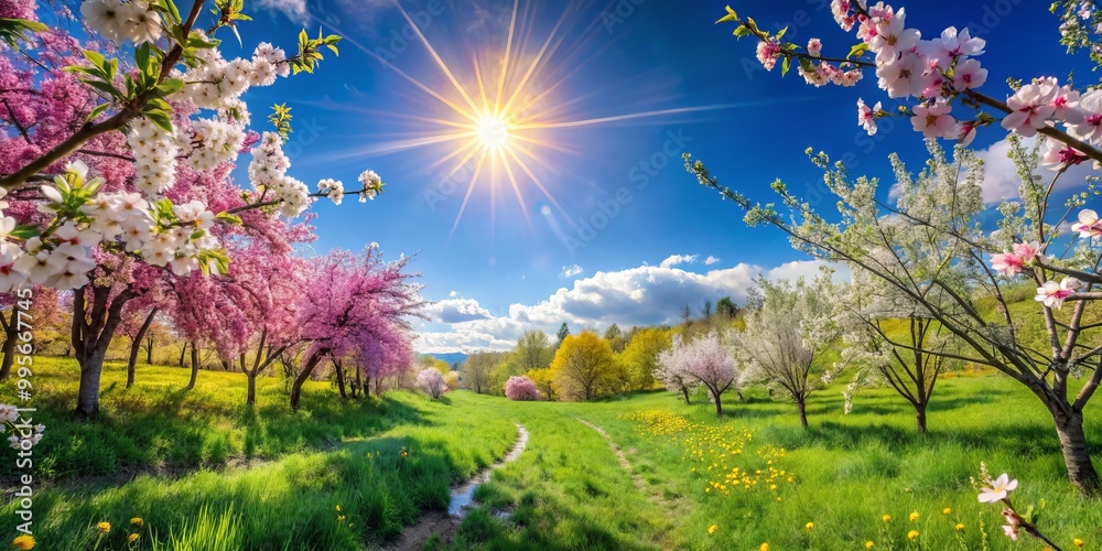 Beneath the clear blue skies of spring, blooming flowers and lush greenery create a vibrant scene, celebrating the Beneath the clear blue skies of spring, blooming flowers and lush greenery create a vibrant scene, celebrating the