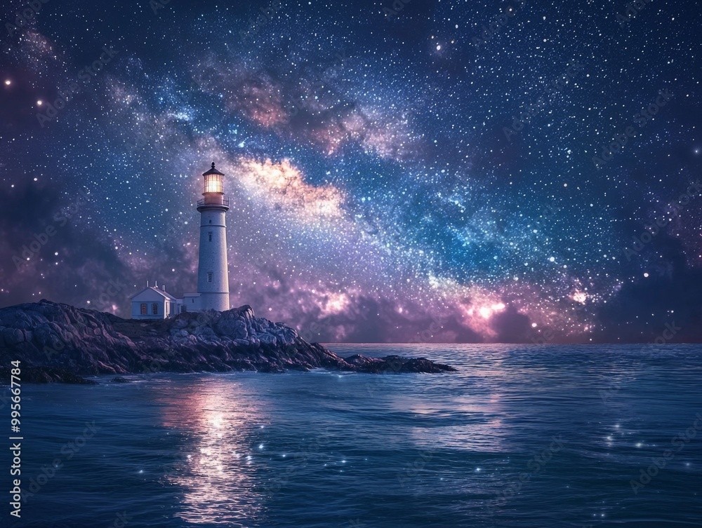 Serene Lighthouse Under a Starry Night Sky Serene Lighthouse Under a Starry Night Sky