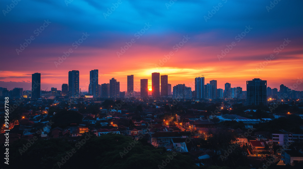 A vibrant cityscape during sunset. The sky is painted in hues of orange, pink, and blue, with the sun setting in the center. The city is dotted with numerous skyscrapers, each varying in height A vibrant cityscape during sunset. The sky is painted in hues of orange, pink, and blue, with the sun setting in the center. The city is dotted with numerous skyscrapers, each varying in height