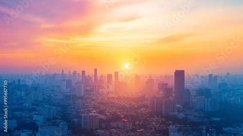 A vibrant cityscape during sunset. The sky is painted in hues of orange, pink, and blue, with the sun setting in the center. The city is dotted with numerous skyscrapers, each varying in height