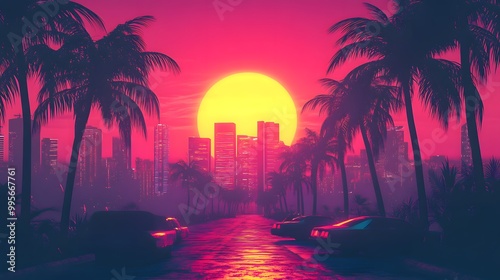 A synthwave background with palm trees and the sun setting behind an urban skyline, featuring retro-futuristic elements like vintage cars and neon lights