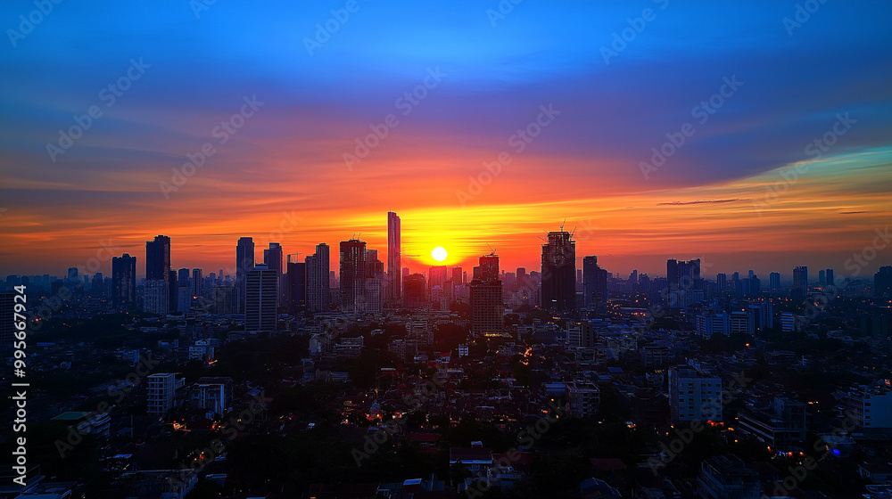 Fototapeta premium A vibrant cityscape during sunset. The sky is painted in hues of orange, pink, and blue, with the sun setting in the center. The city is dotted with numerous skyscrapers, each varying in height