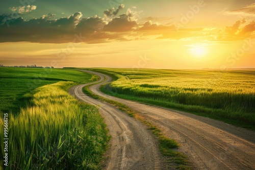 Country Road Scenery. Sunset Over Green Wheat Fields Along Peaceful Country Road