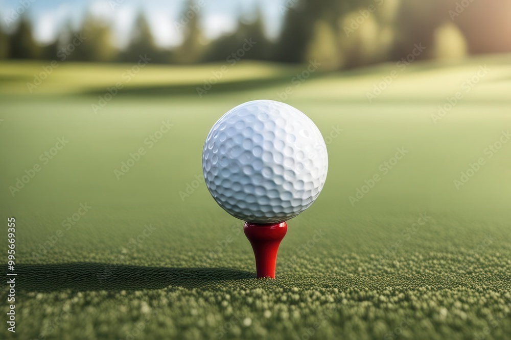 A white golf ball sits on a red tee on a green grassy field A white golf ball sits on a red tee on a green grassy field