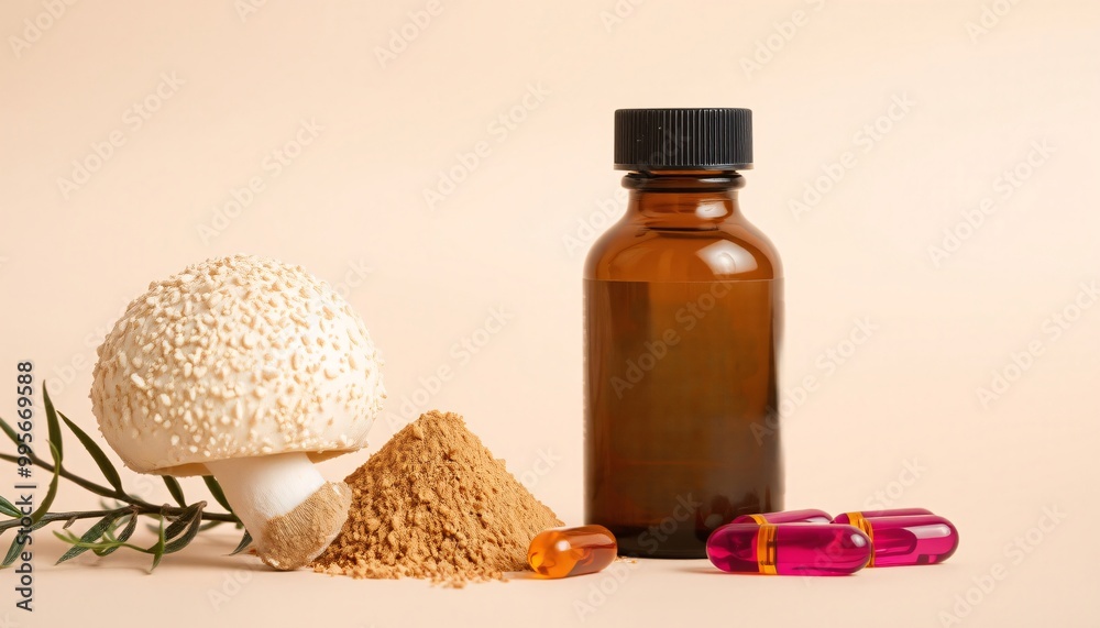 Luxurious Health Supplement Display of Lion’s Mane Mushroom, Powder, Capsules, and Amber Bottle on Beige Luxurious Health Supplement Display of Lion’s Mane Mushroom, Powder, Capsules, and Amber Bottle on Beige