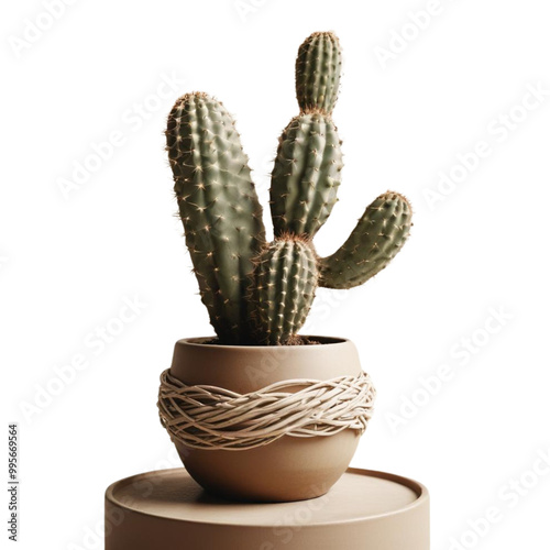 Cactus with a unique twisty shape in a minimalist pot on isolated white background

