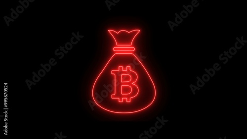 Glowing neon coin Bitcoin icon. Physical bit coin. Neon bitcoin icon illustration on black background.